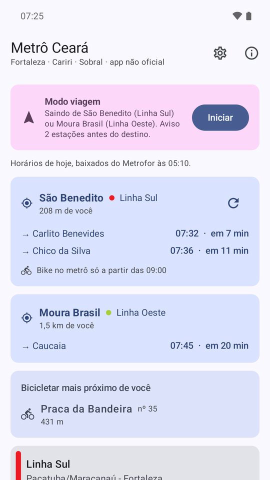 Tela inicial com as estações mais próximas