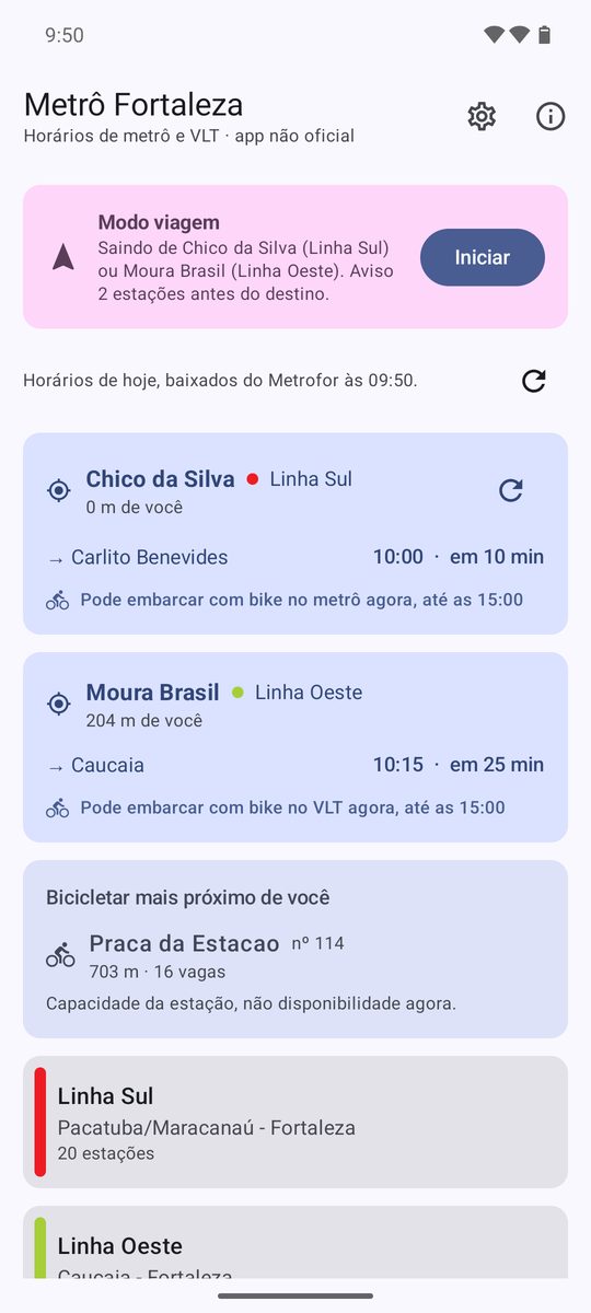 Tela inicial com as estações mais próximas